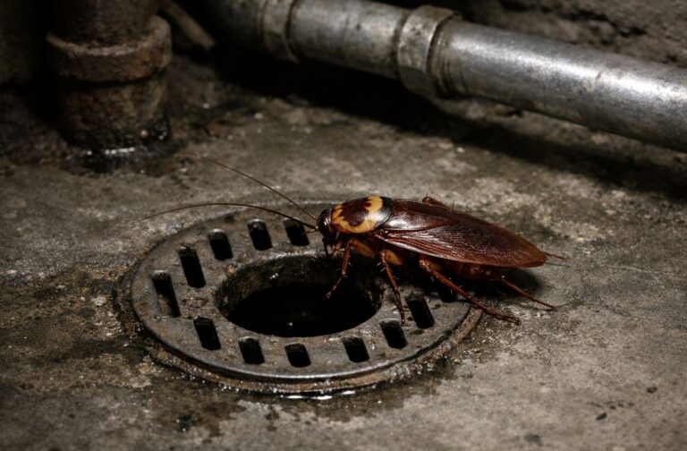American cockroach near basement floor drain worcester massachusetts home