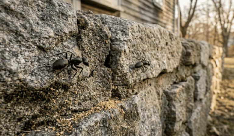 April pest forecast for worcester county 1 Carpenter ant crawling toward mortar crack on fieldstone foundation wall with sawdust frass visible, typical spring entry point on worcester county homes