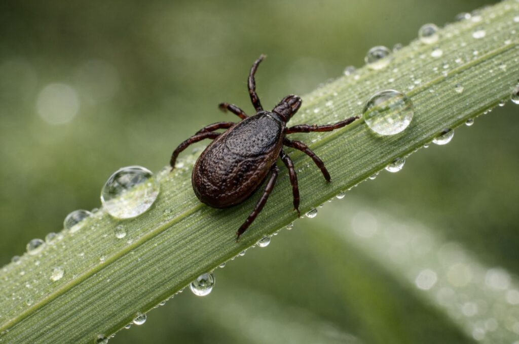Deer tick nymph on grass near worcester county massachusetts hiking trail