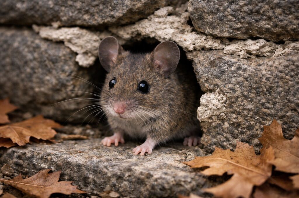 House mouse entering fieldstone foundation gap in worcester massachusetts home