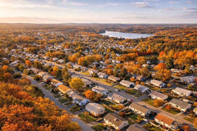 Pakachoag hill overlook in auburn, ma showing suburban residential neighborhoods and dark brook reservoir area