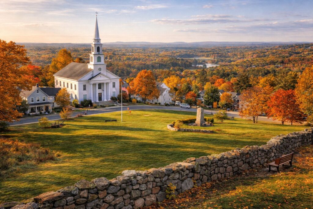 Bolton town common with first parish church and nashua river valley views in bolton, massachusetts