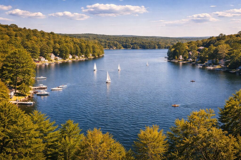 Crystal lake park in gardner, ma showing 254-acre recreational lake and surrounding neighborhoods