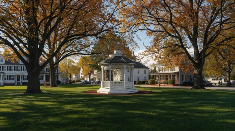 Grafton common featuring historic bandstand and surrounding colonial and victorian architecture in grafton, ma