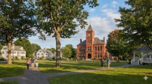 Holden town common featuring gale free library and surrounding suburban neighborhoods in holden, ma