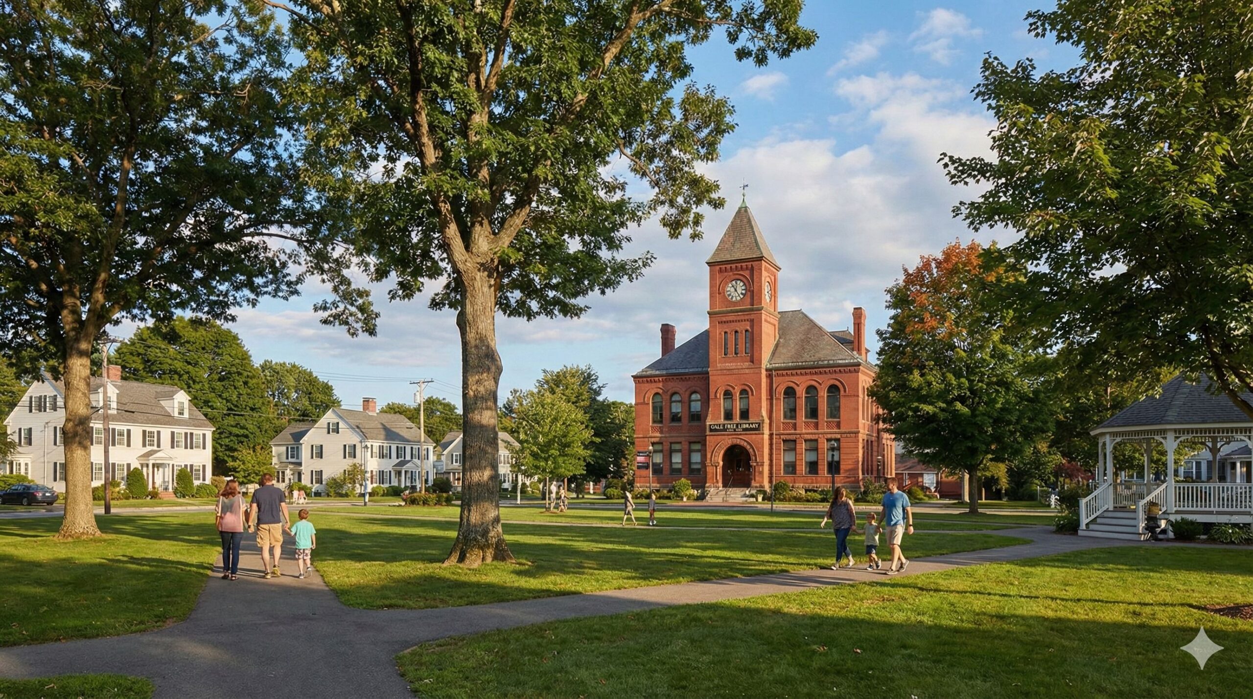 Holden town common featuring gale free library and surrounding suburban neighborhoods in holden, ma