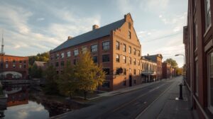 Wood square rotary and downtown hudson, ma with assabet river rail trail access