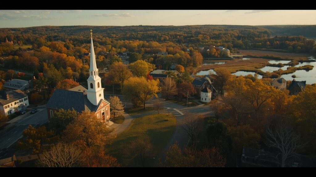 Lancaster town green featuring historic first church and nashua river valley views in lancaster, ma