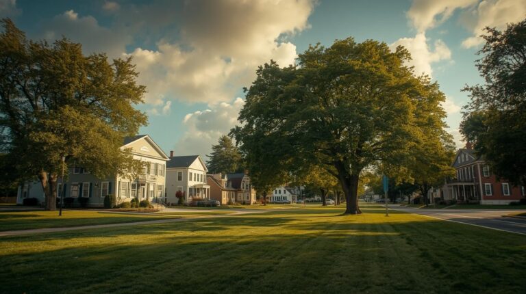 Leicester town common showing civic center and surrounding suburban character in leicester, ma