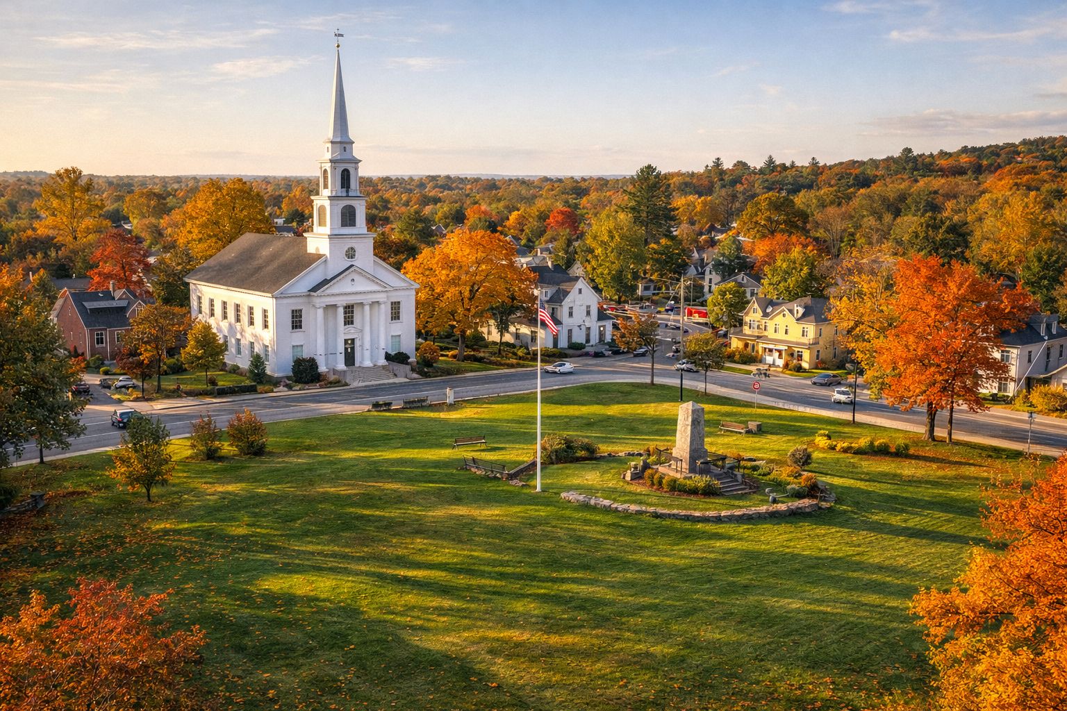 Northborough town common featuring historic village center and surrounding suburban neighborhoods
