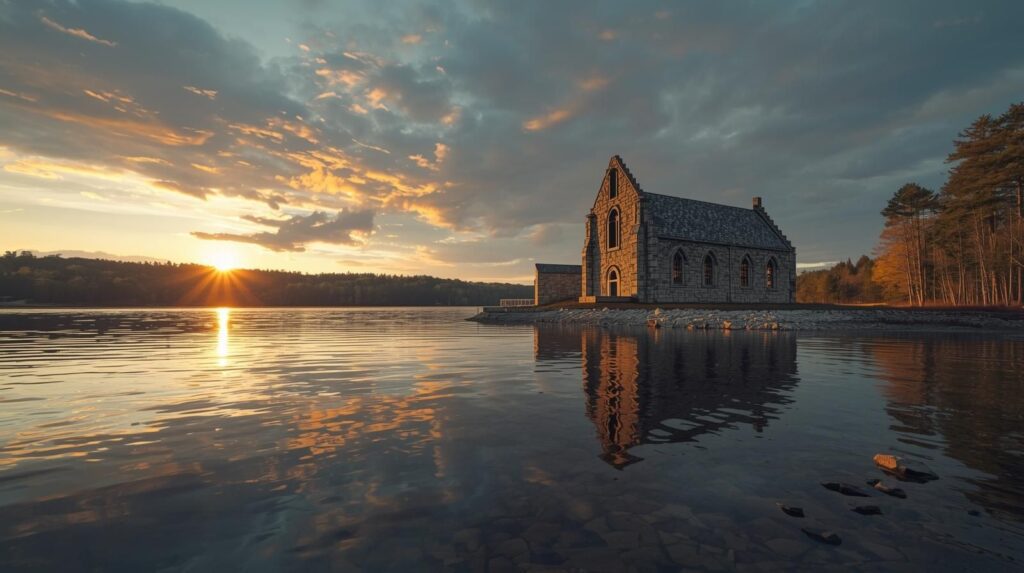 Old stone church at wachusett reservoir shore - worcester county's most iconic landmark in west boylston, ma