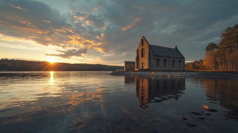 Old stone church at wachusett reservoir shore - worcester county's most iconic landmark in west boylston, ma
