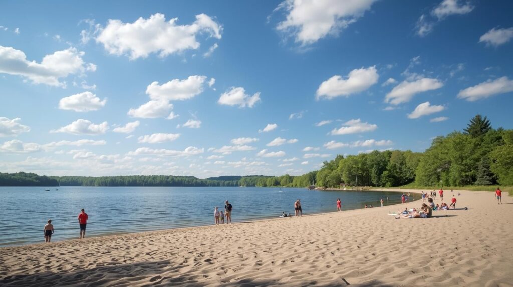 Lake chauncy in westborough, ma showing town beach and surrounding suburban neighborhoods