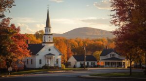 Westminster town common featuring village center with dramatic wachusett mountain backdrop