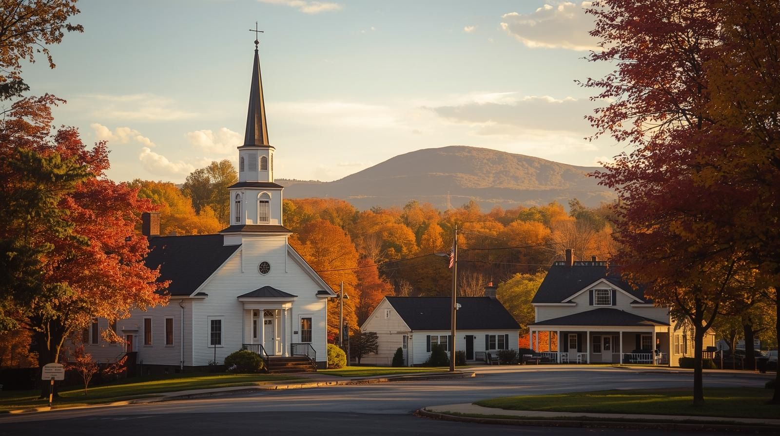 Westminster town common featuring village center with dramatic wachusett mountain backdrop