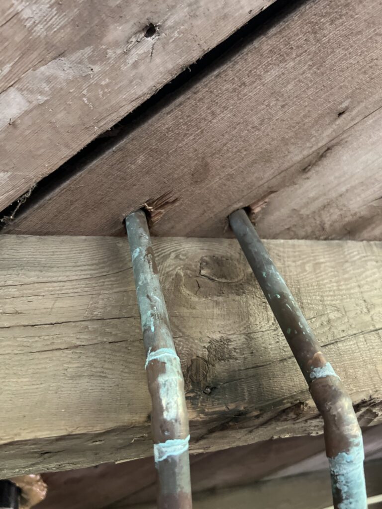 Residential rodent exclusion 5 Two copper supply lines passing through wooden floor framing with open gaps around each penetration