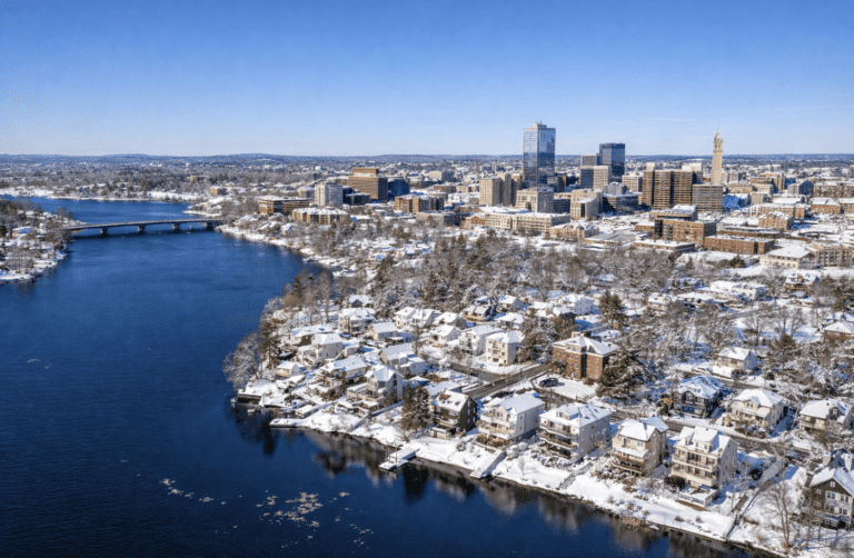 Worcester, ma cityscape with lake quinsigamond - new england's second-largest city